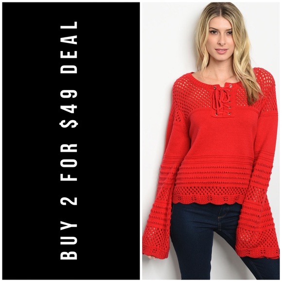 ❄️Red Sweater Criss Cross Tie Detail - Picture 1 of 7